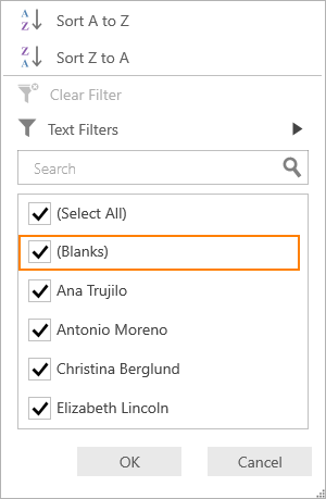 Filter the NULL values by using the CheckBox Filter view in SfDataGrid UWP