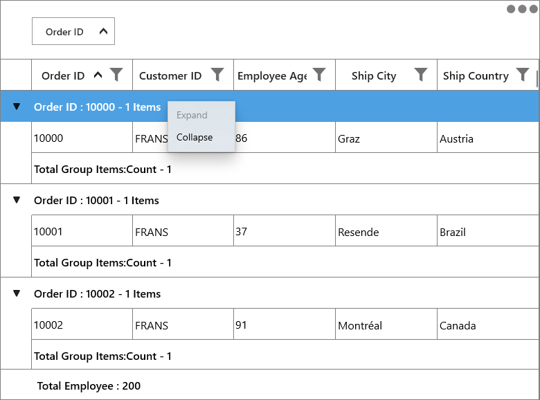 Context menu added for group caption rows in uwp datagrid