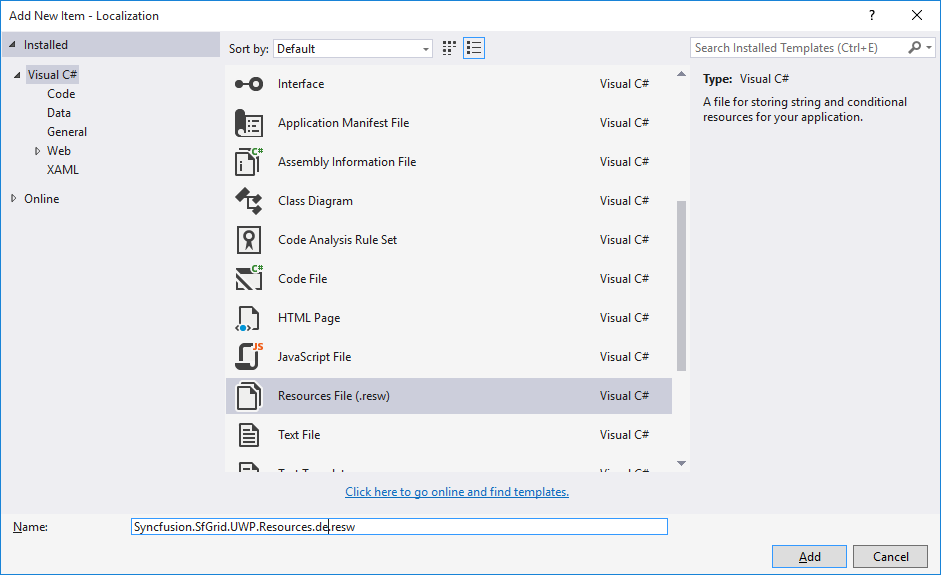 Shows the name of resource file to be added for UWP DataGrid