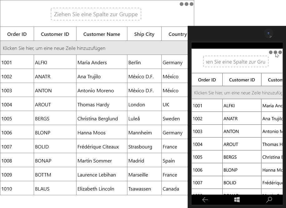 Shows the localized in German for UWP DataGrid