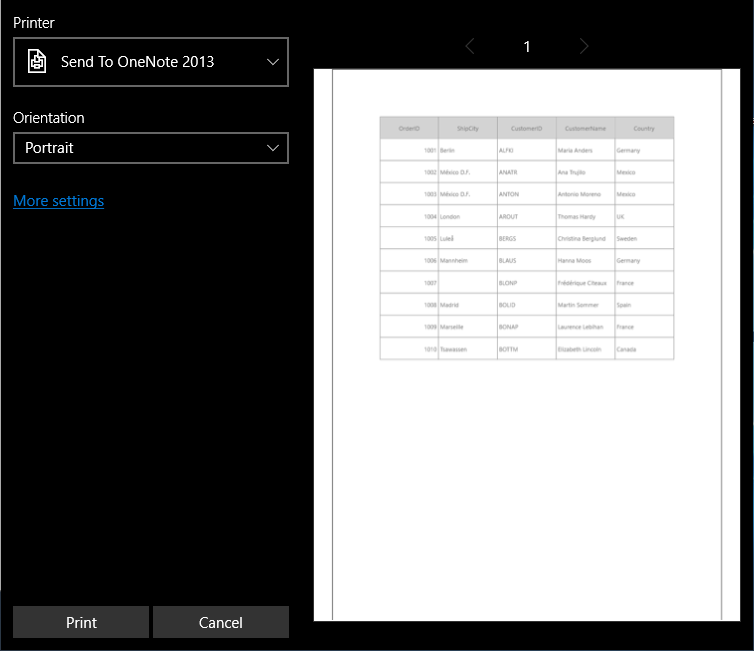 Print preview window for UWP DataGrid before printing