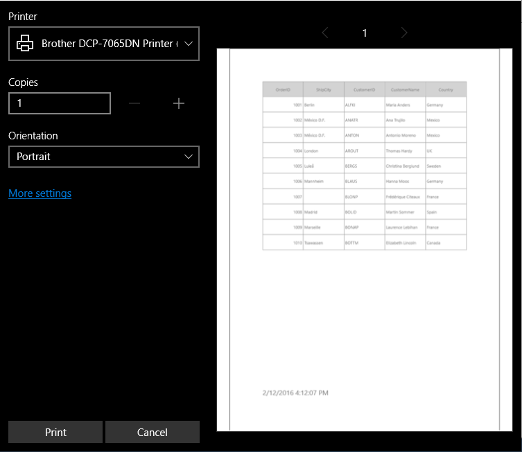 Current date time in print preview window for UWP DataGrid