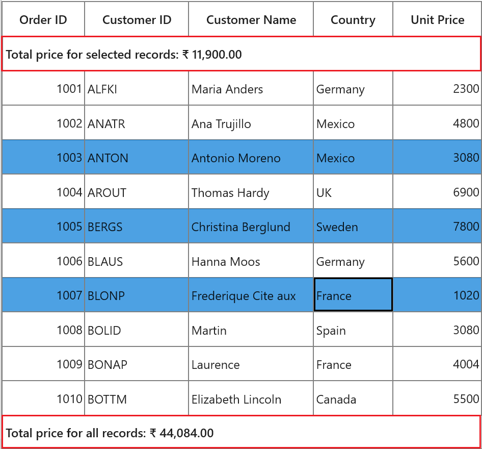 Calculate summaries for selected records in WPF SfDataGrid