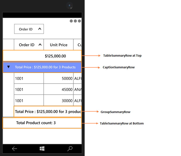 Shows the different summaries in tablet mode of UWP DataGrid