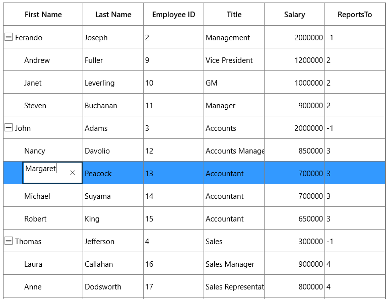 Editing in UWP treegrid