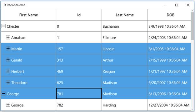 UWP treegrid shows with rows from 3 to 7 are selected