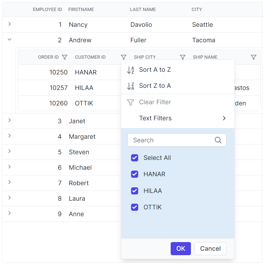 Child grid filter dialog content