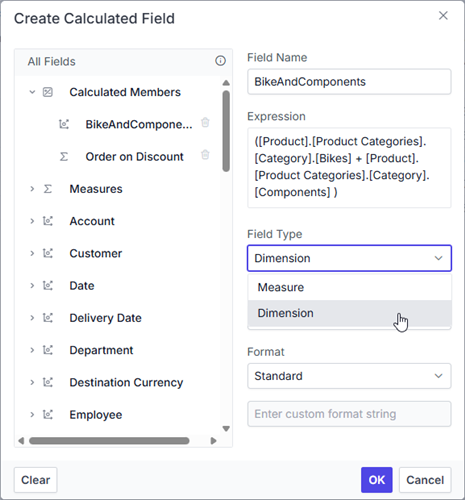 Select calculated field type