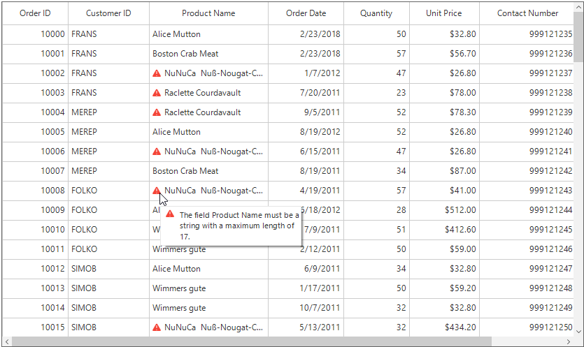 Windows forms datagrid displays validate the string in grid