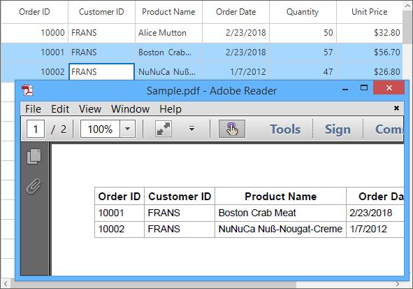 Windows forms datagrid displays exported the selected item to PDF
