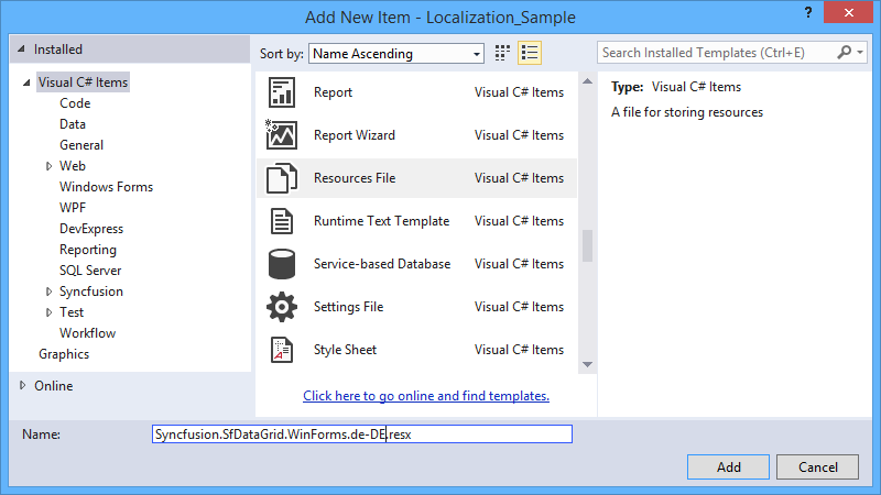 Adding new resource file through Add New Item wizard