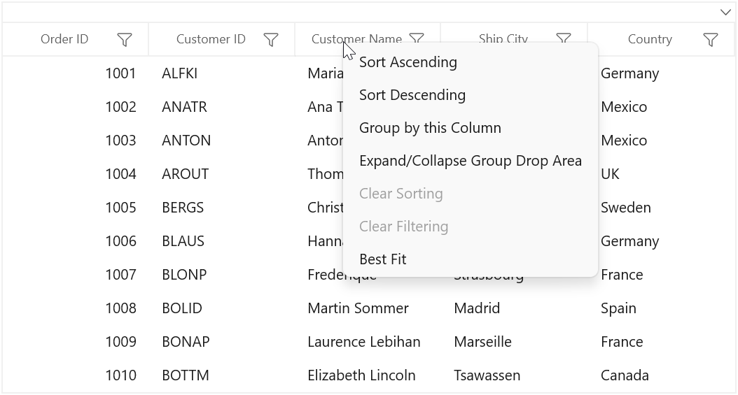 Context Flyout for Header Row in WinUI DataGrid