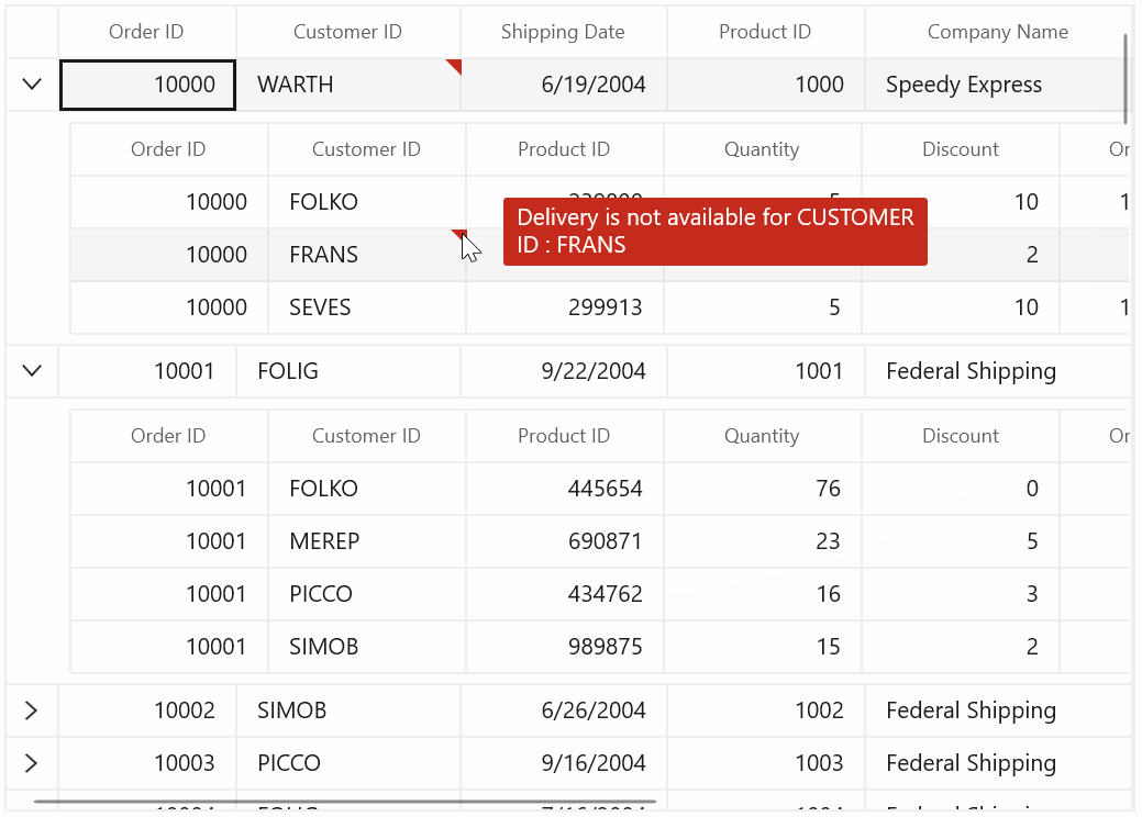 Data Validation with Master-DetailsView in WinUI SfDataGrid