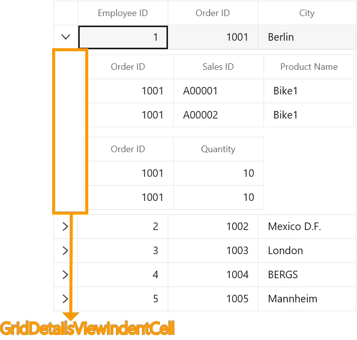 WinUI DataGrid displays Master Details View with Indent Cells