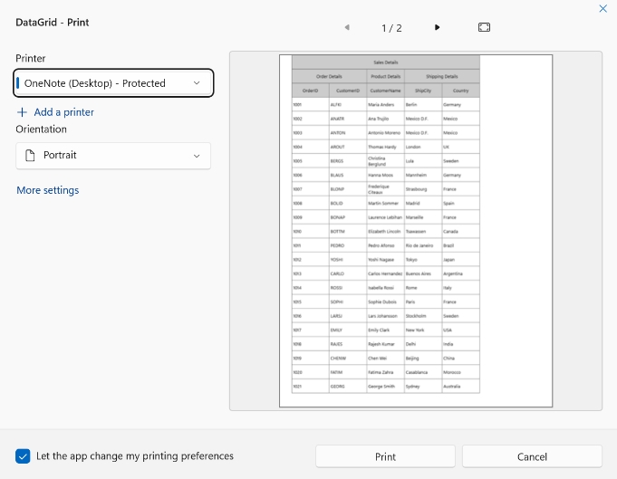 WinUI DataGrid displays Printing with Stacked Headers