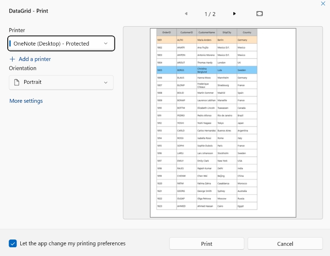 Customizing Row Style in WinUI DataGrid Printing
