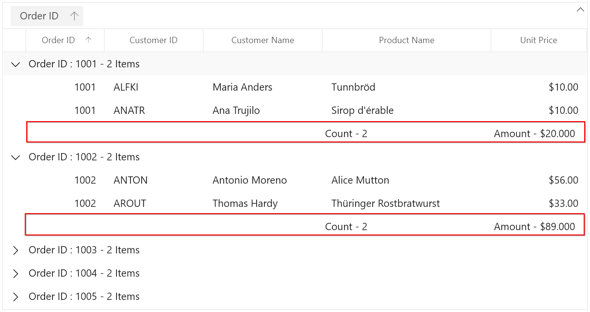 WinUI DataGrid displays Group Summary on Column Basics