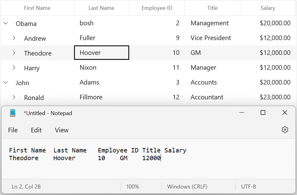 WinUI treegrid shows with Copied content pasted in notepad