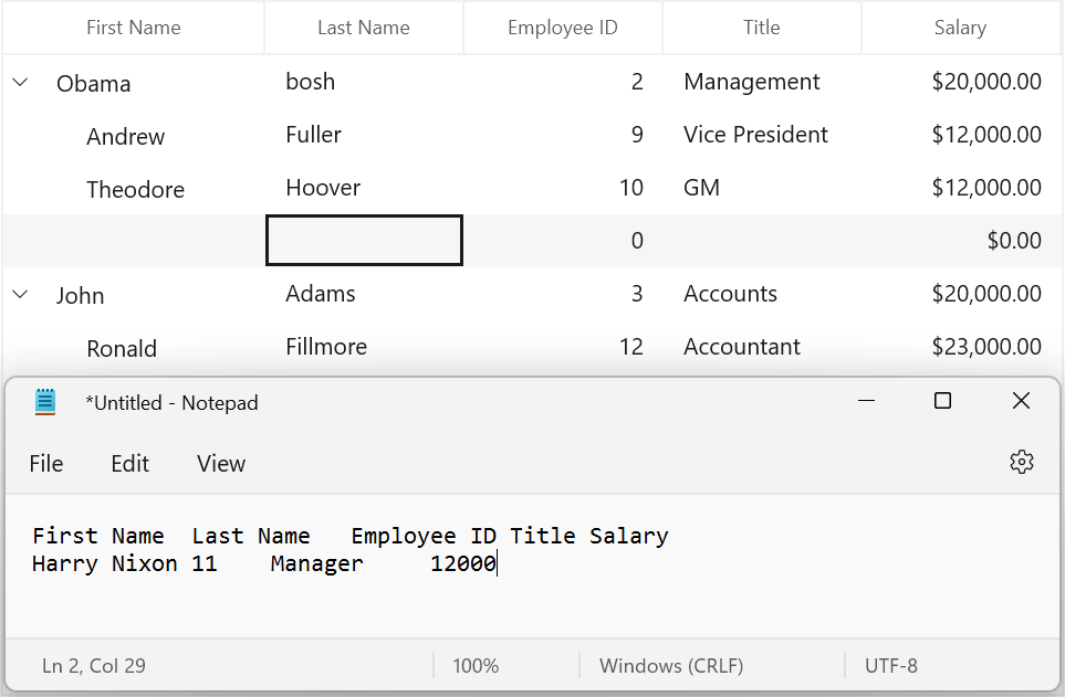 WinUI treegrid shows with Data from the record is cut and pasted in notepad