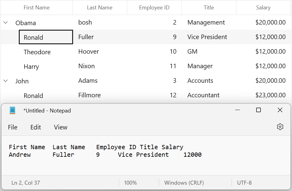 WinUI treegrid shows with Data of a column customized when pasting through PasteCellContent event