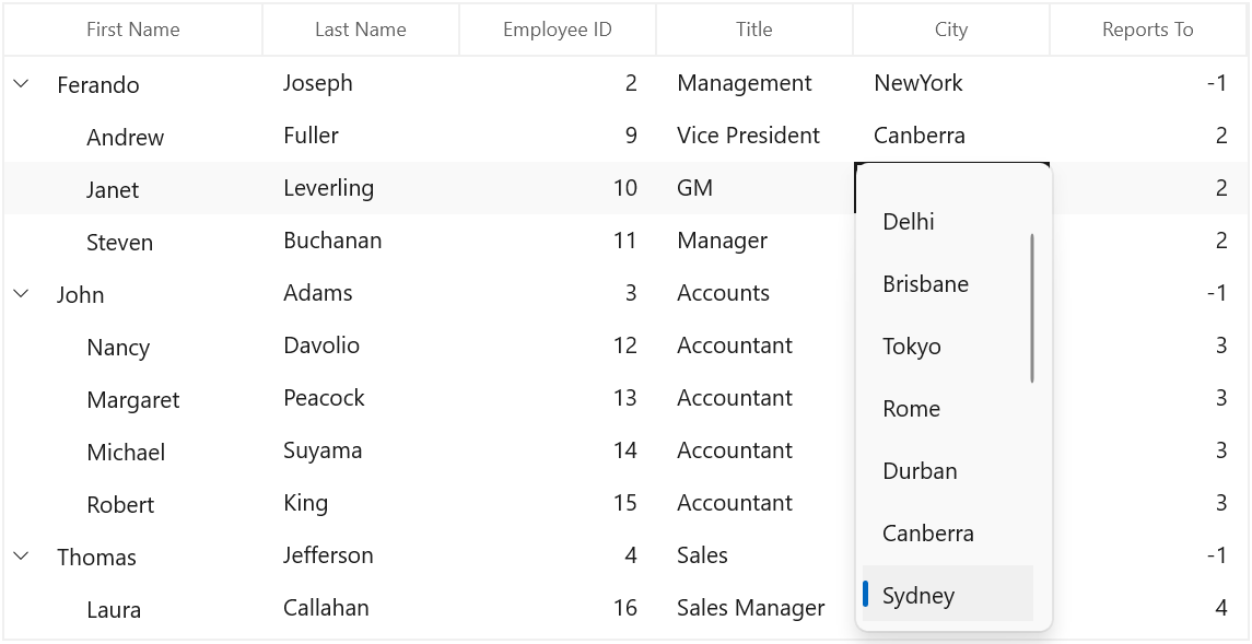 WinUI TreeGrid Column with ComboBox