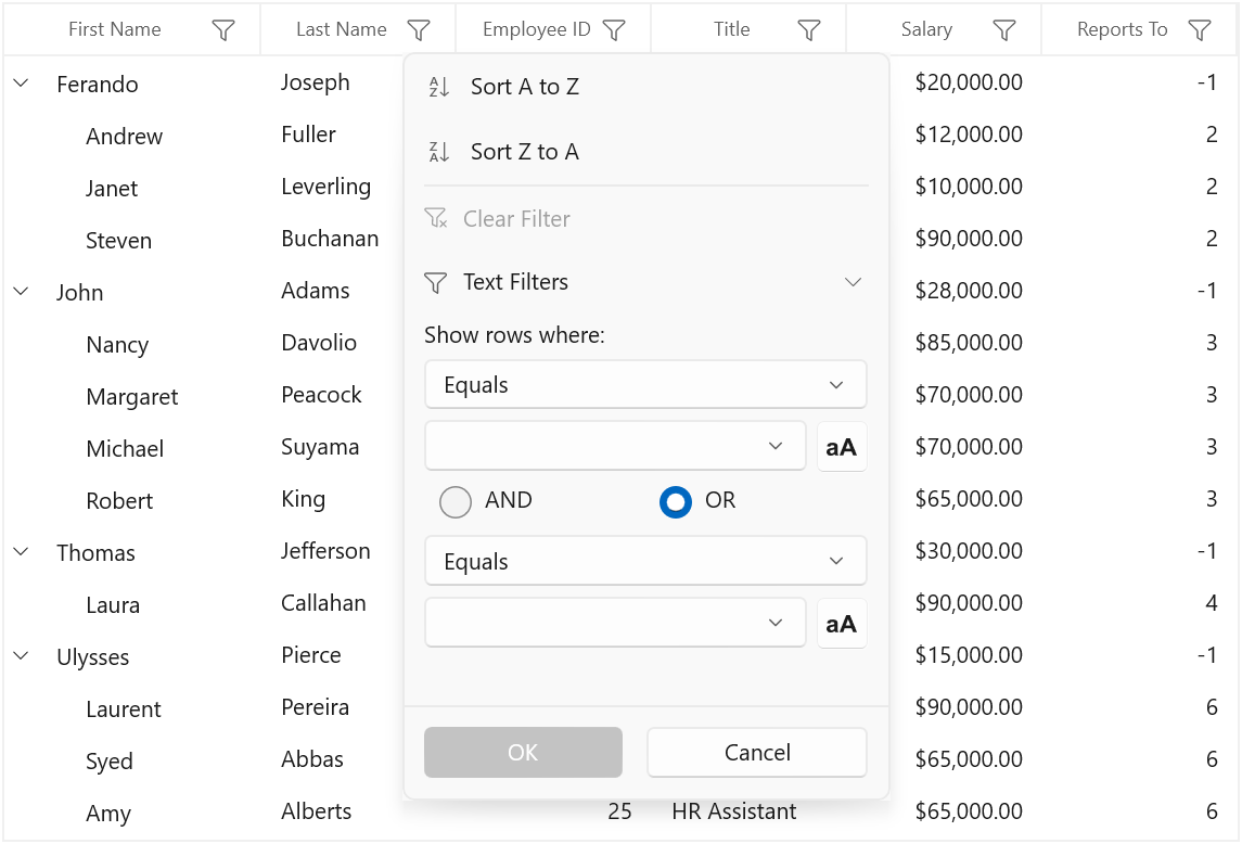Advanced Filter in WinUI TreeGrid