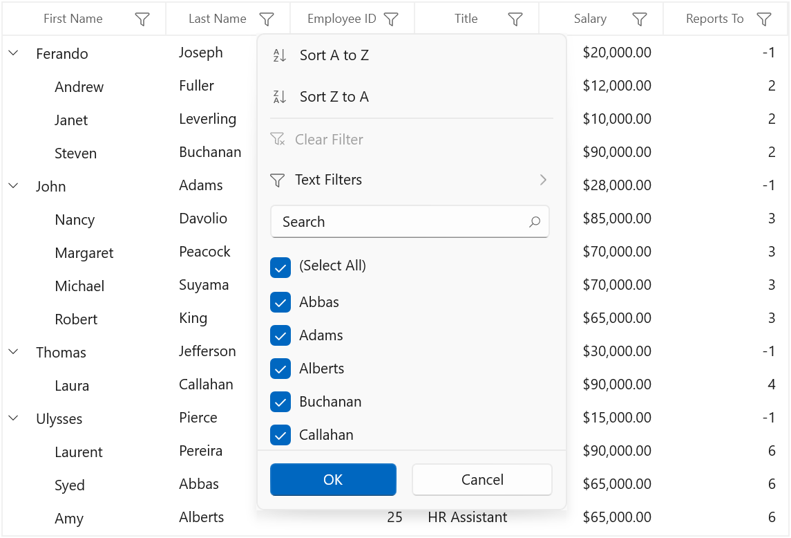Checkbox Filter in WinUI TreeGrid