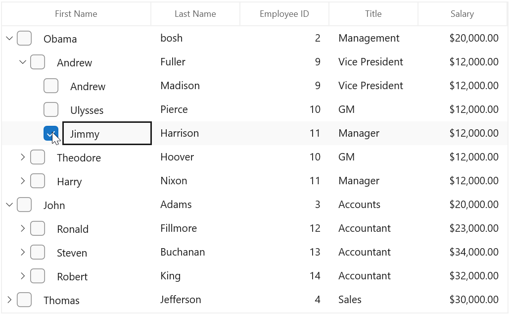 CheckBoxSelectionMode as SelectOnCheck demo for WinUi TreeGrid