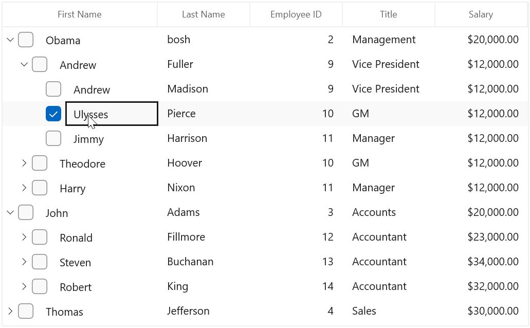 CheckBoxSelectionMode as SynchronizeSelection demo for WinUI TreeGrid