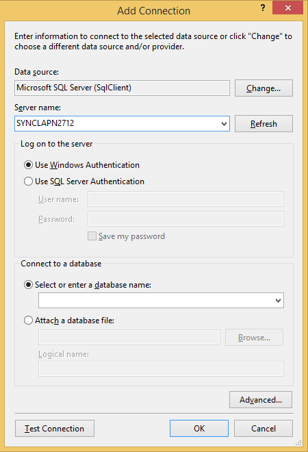 Visual studio add connection dialog