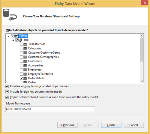 Choose the database objects and setting from Northwind database