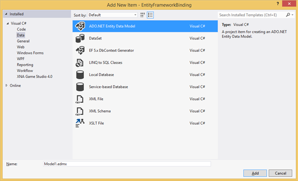 Create the data model using Enity framework 4.0