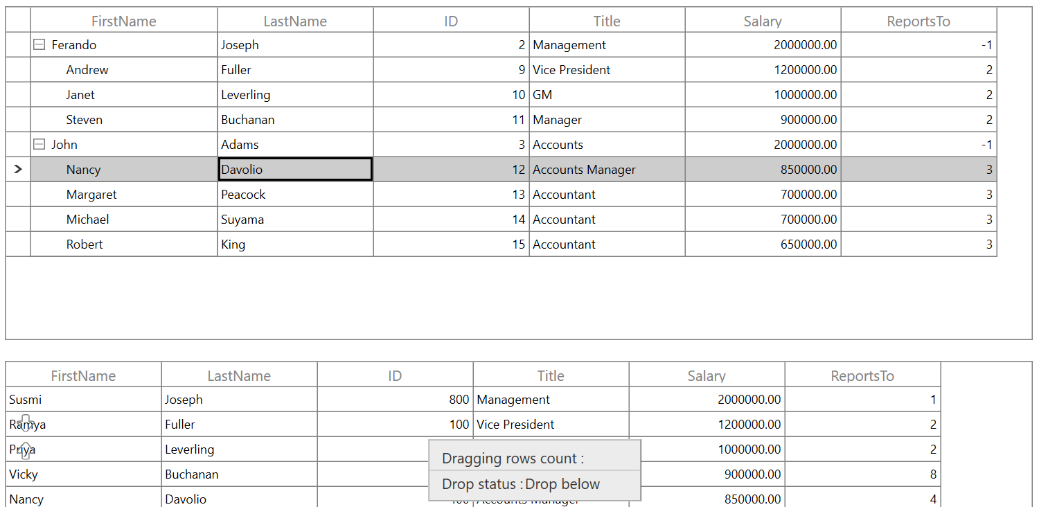 Row Drag and Drop between WPF DataGrid and TreeGrid