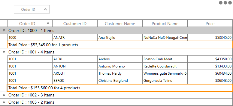 WPF DataGrid displays Group Summary on a Row
