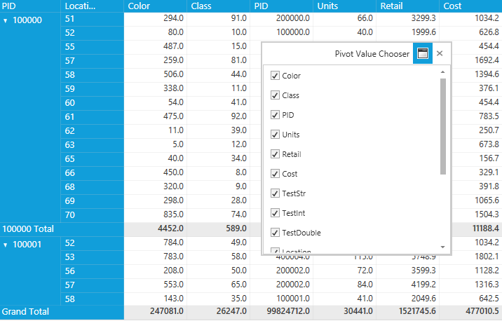 Pivot value chooser window