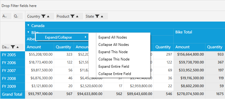 Context menu for Column Headers
