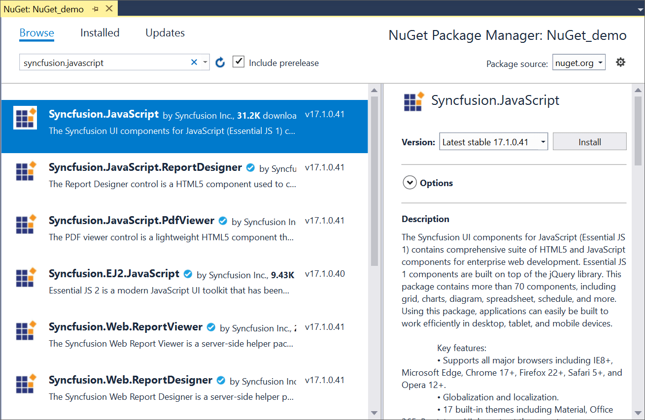 NuGet package manager dialog window