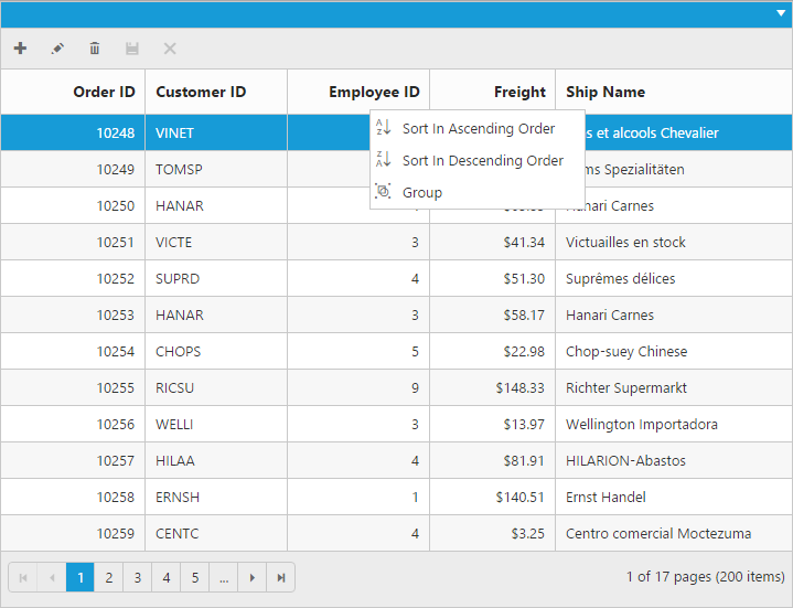 Context Menu with Grid widget for Syncfusion Essential JS