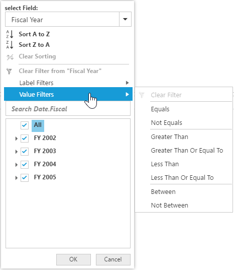 Value filtering options in JavaScript pivot grid control