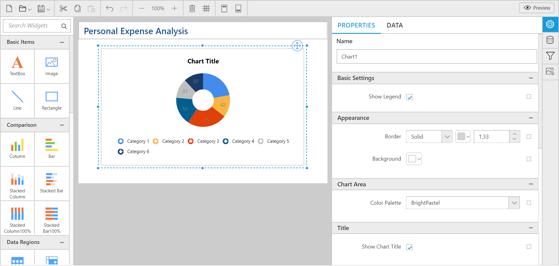 Doughnut Chart in JavaScript Report Designer