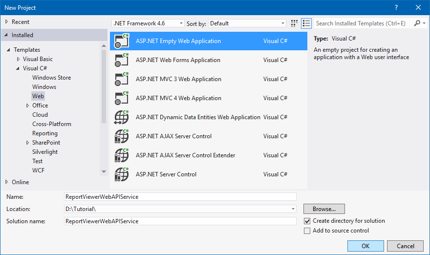 Creating a new ASP.NET Empty Web Application Project