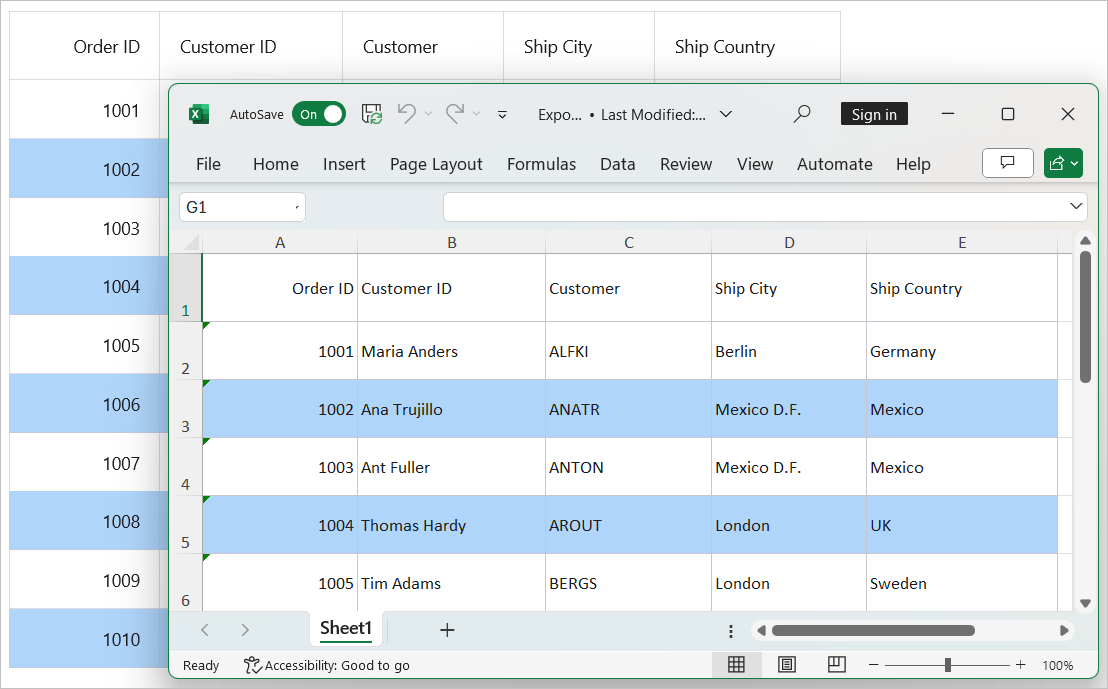 Export DataGrid to Excel with alternate row background applied