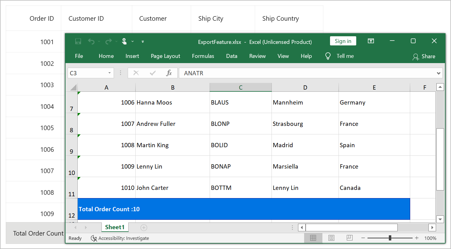 Export DataGrid to Excel format with style applied for table summary rows at the bottom