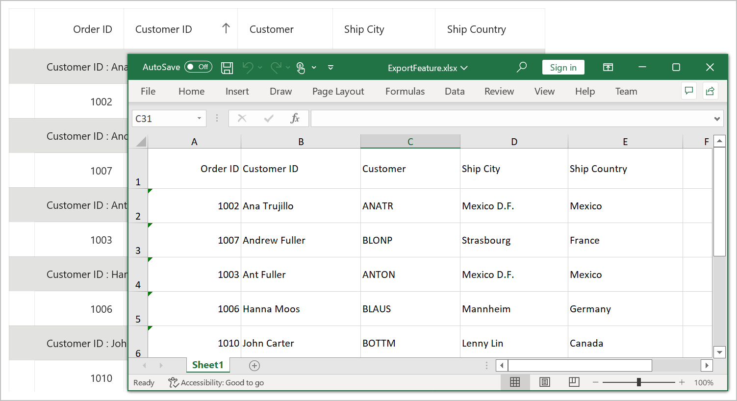 Export DataGrid to Excel format with group summary rows