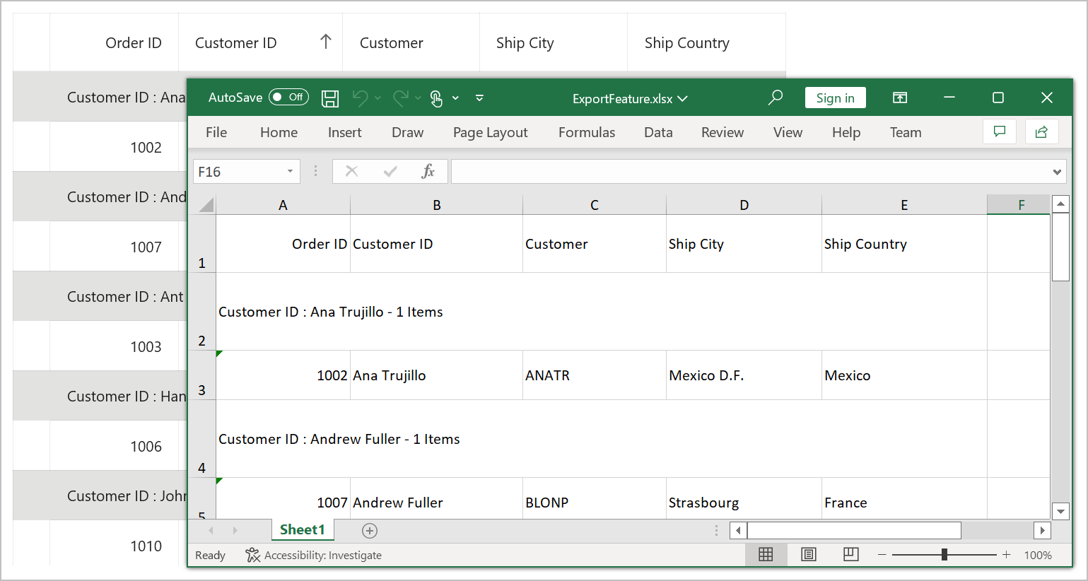 Export DataGrid to Excel format with group summary rows