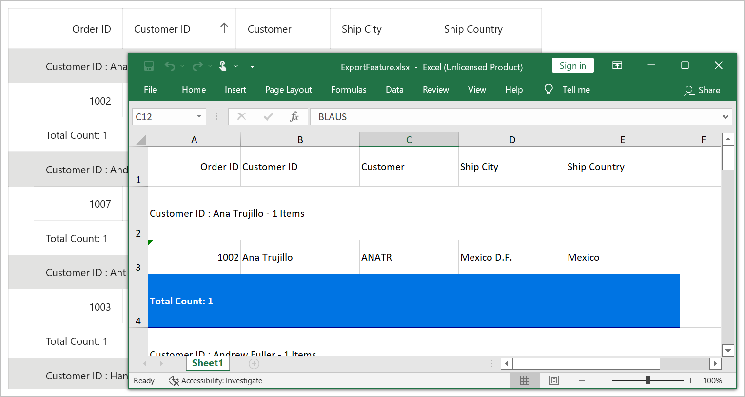 Export DataGrid to Excel format with styling applied for group summary rows