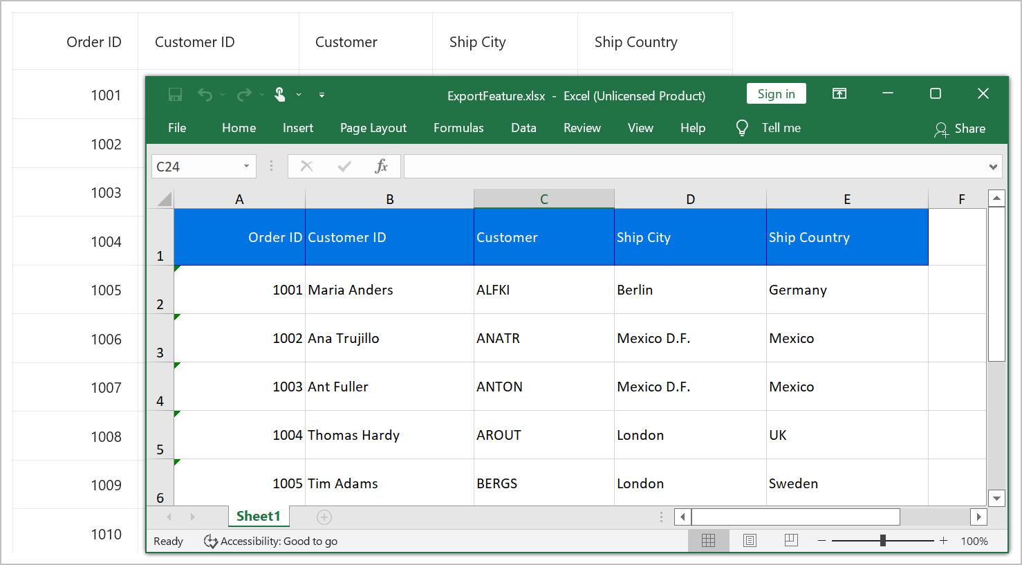 Export DataGrid to Excel format with styling for header cells