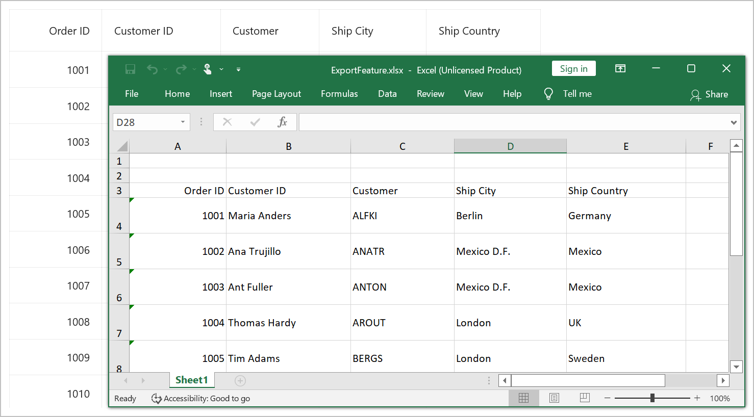 Export DataGrid to Excel format from the specified row index