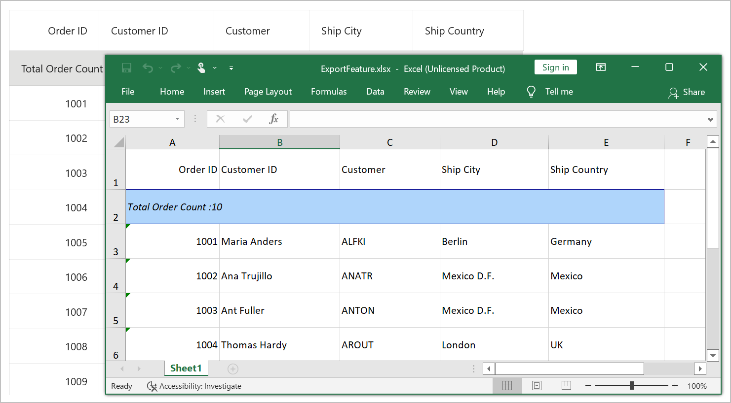 Export DataGrid to Excel format with style applied for table summary rows at the top