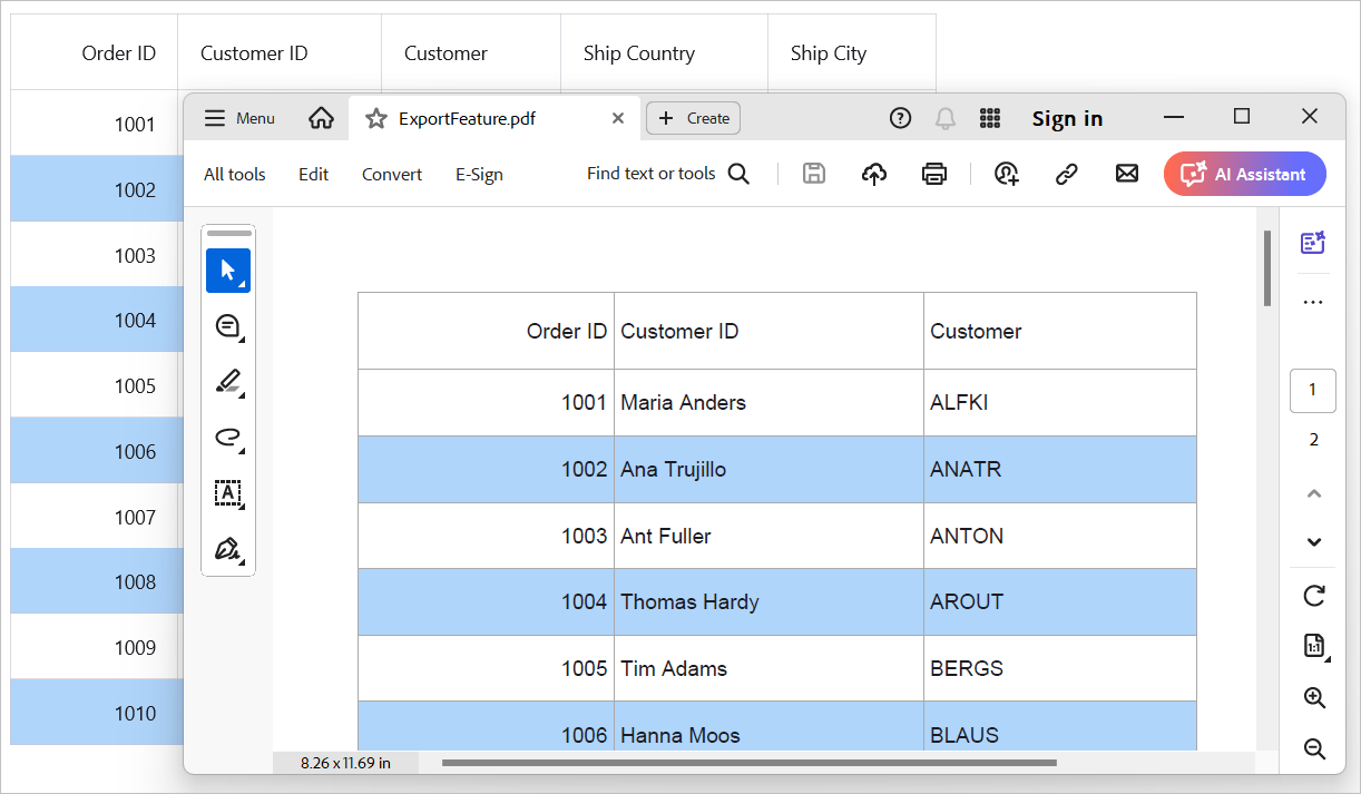 Export DataGrid to PDF format with alternate row background applied